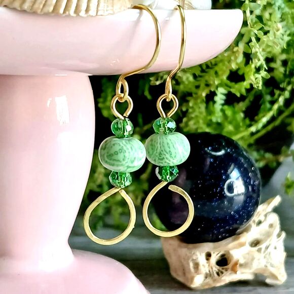 Boho Chic Green Beaded Hammered Dangle Earrings, Statement Artisan - Picture 5 of 5